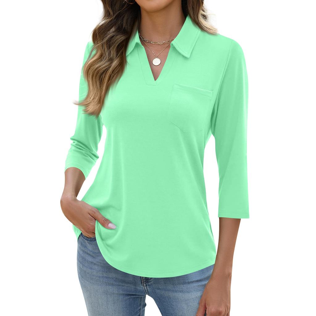 Women's Fashion Casual Lapel Short 3/4 Sleeve Color Shirt Women's Up Tops