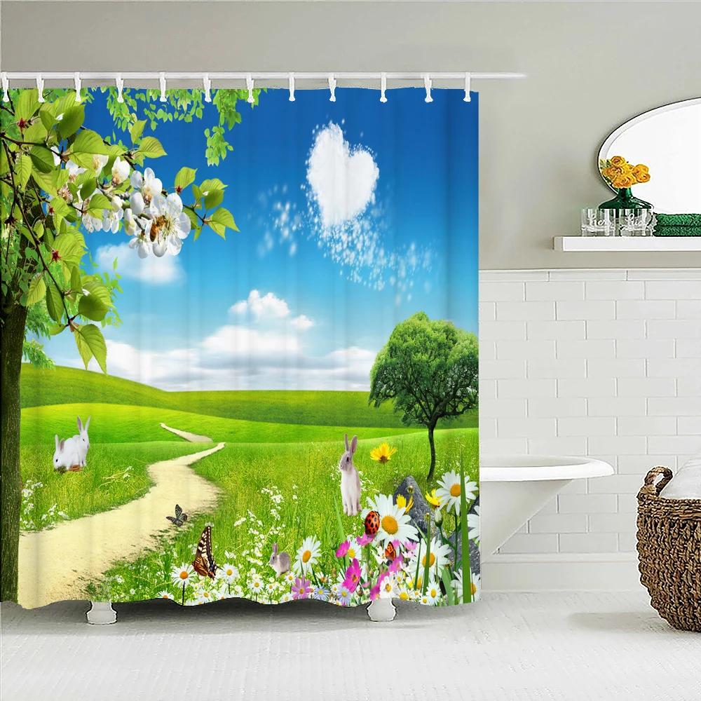 Blue Sky Clouds Scenery Shower Curtain Waterproof Bathroom Curtain With Hooks Bath Curtains Fabric 3d Printed 180*200cm Curtain