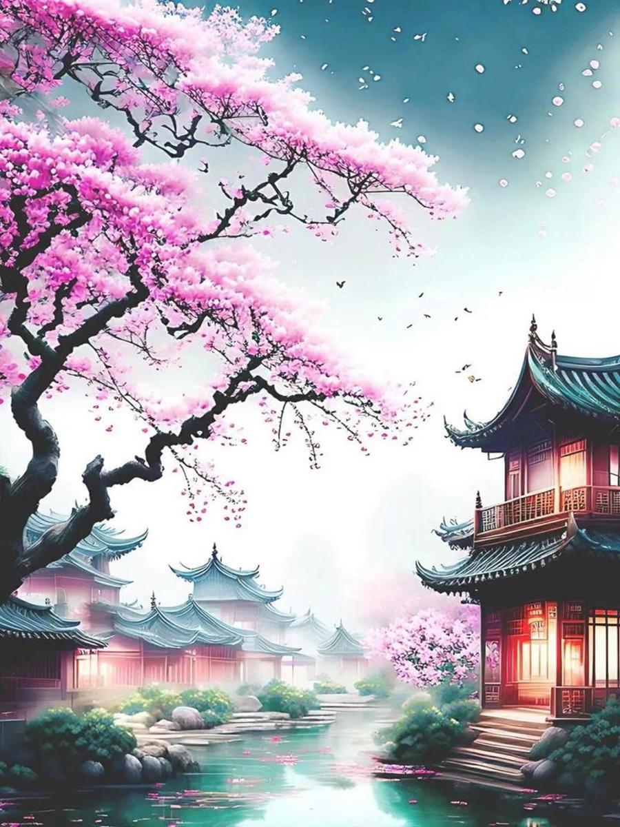 

5D Diy Алмазная вышивка Сакура Река Павильон Полный дрель Алмазная живопись Рукоделие Вышивка крестиком Домашний декор J3591 Full Round 40x50CM