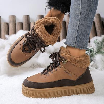 Women's Chunky Platform Snow Boots Non-Slip Lace-Up Faux Suede Fleece Walking Booties for Women Outdoor Winter Warm Faux Fur Lined Short Boots Shoes