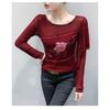 Spring and Autumn Round Neck Sexy Mesh T-Shirt Women's Long Sleeve Lotus Le Slim Top Bottoming Shirt