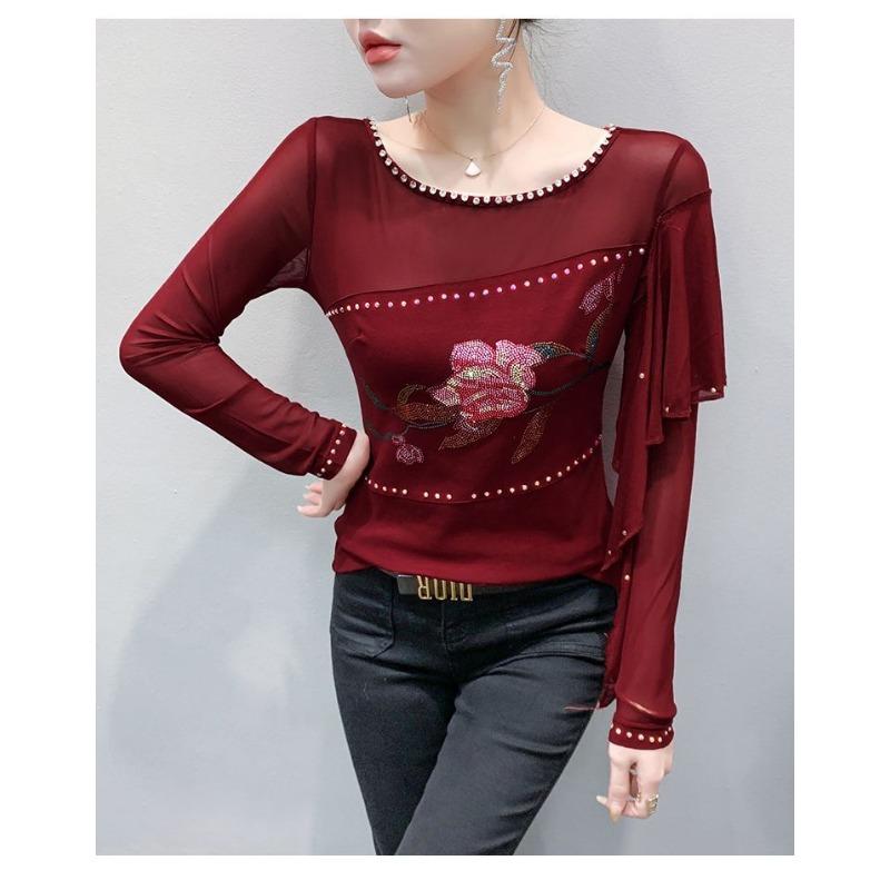 Spring and Autumn Round Neck Sexy Mesh T-Shirt Women's Long Sleeve Lotus Le Slim Top Bottoming Shirt