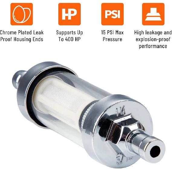 5/16 Inch 9747 Inline Fuel Filter With Clear View Glass And Chrome (2)