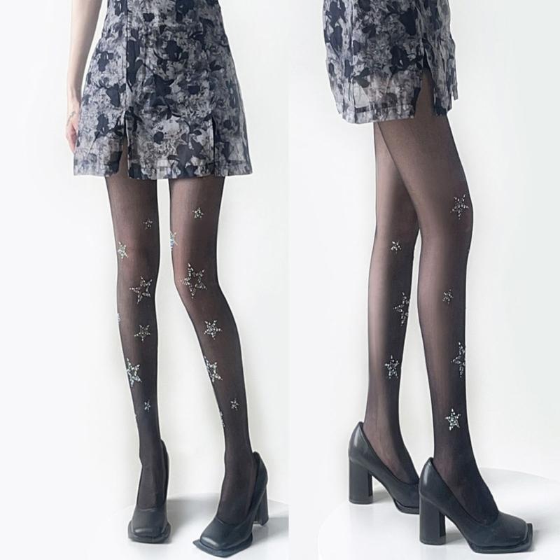 Black Sock Leggings Pantyhose Comfortable Seamless-Sheer Tight Star Print Rhinestone-Stockings for Women Girl Teen