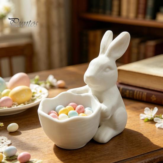 Handmade Craft Bowl 3D Printed Easter Bunny Candy Bowl, Cute Rabbit Holding Figurine, DIY Paintable White Desk Shaped Holder Decor for Living