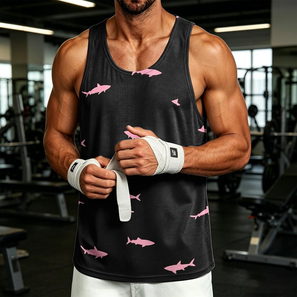 Men's Casual Hawaiian Print Outdoor Sports Tank Top Sleeveless Round Neck Summer Beachwear Gym Workout Shirt