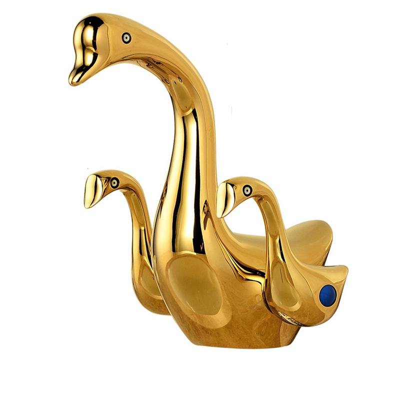 Dual Handles Gold Chrome Swan Duck Bathroom Basin Sink Mixer Taps Deck Mounted Dolphin Gem Bathroom Widespread Faucet Taps