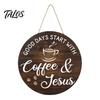 Rustic Home Wall Decor Wooden Coffee Bar Signs, Themed Hanging Sign, Cup Cafe Accessories Shape & Round Wood Plaque for Farmhouse Kitchen Corner