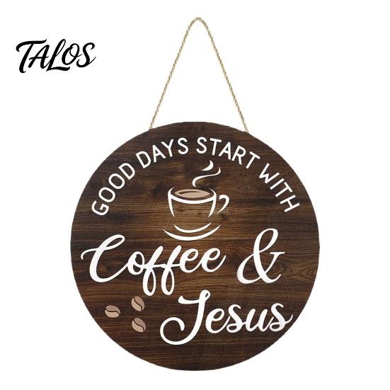 Rustic Home Wall Decor Wooden Coffee Bar Signs, Themed Hanging Sign, Cup Cafe Accessories Shape & Round Wood Plaque for Farmhouse Kitchen Corner
