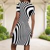 Women Plus Size Round Neck Short Sleeve Black White Printed Fitted Mini Dress