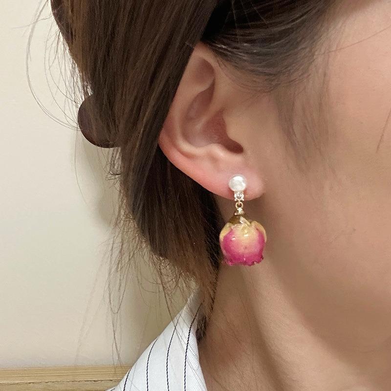 Silver Needle High-Class Rose Flower Real Flower Earrings Ear Pendants Real Flower Perpetual Flower Jewelry