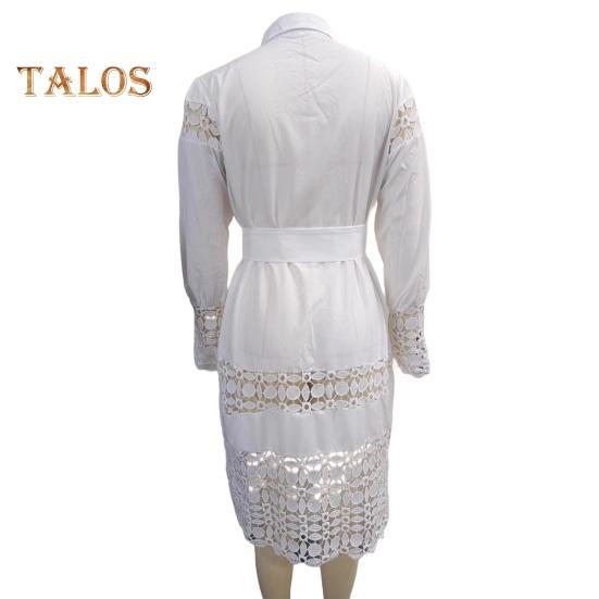 Dámské košilové šaty s klopou, dlouhým rukávem, designem s dutým krajkovým prošíváním, mini šaty se šněrováním, jednobarevné, ležérní letní šaty