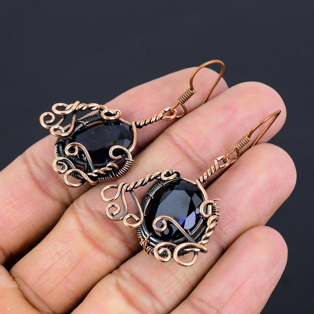 Blue Sapphire Earrings, Handmade Gemstone Earrings, 999 Copper Wire Wrapped  Earrings Antique Jewelry, For Engagement Gift