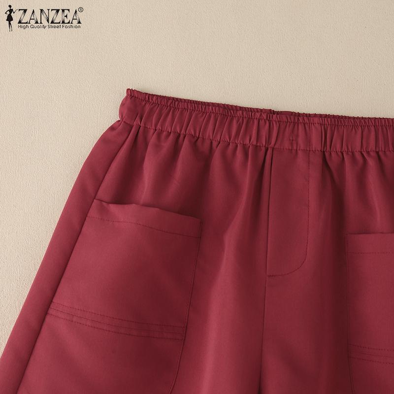 ZANZEA Women Casual Elastic Waist Loose Summer Shorts with Two Pockets