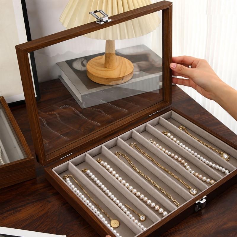 Necklace Storage Display Box with Clear Glass Lid, Separate Long Compartments, Front Clasp and Black Walnut Pattern
