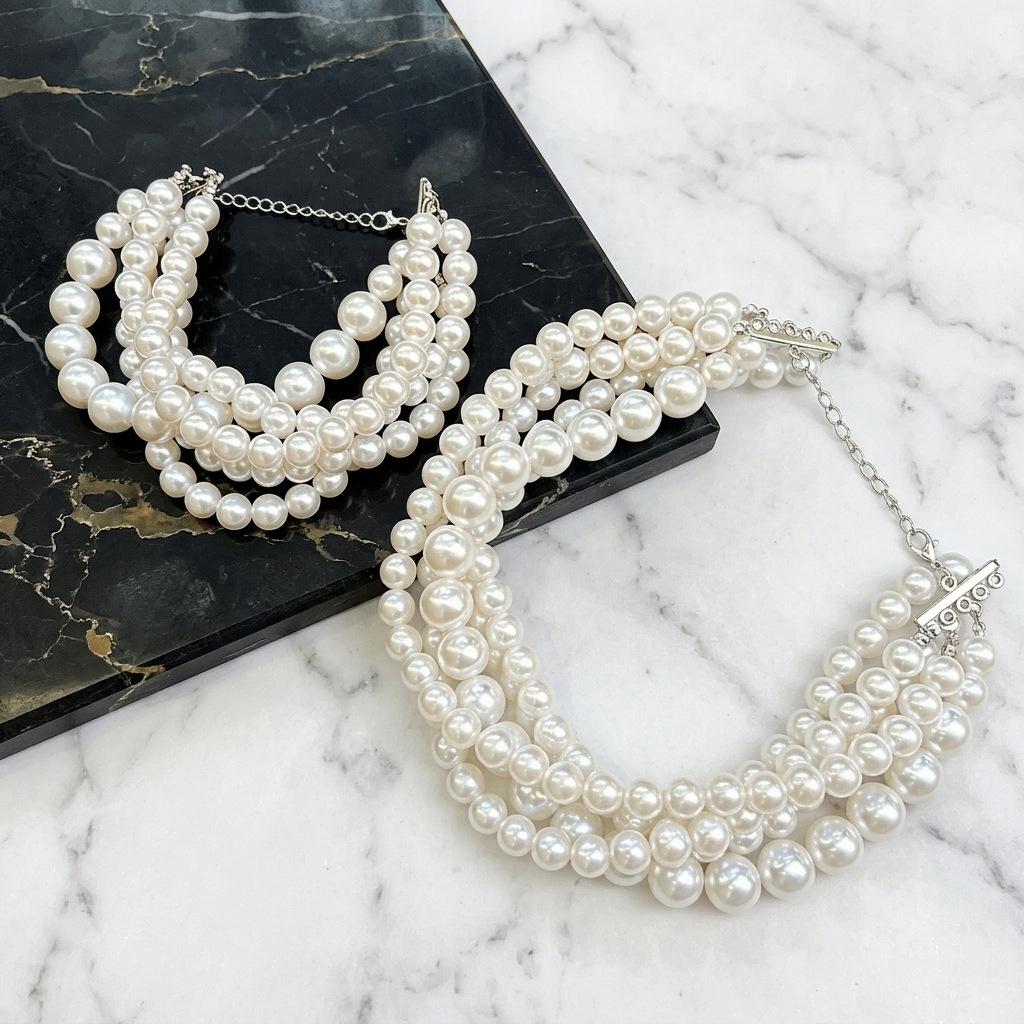 French multi-layer imitation pearl choker necklace bracelet 1-layer set, retro heavy industry collarbone chain bridal banquet girl