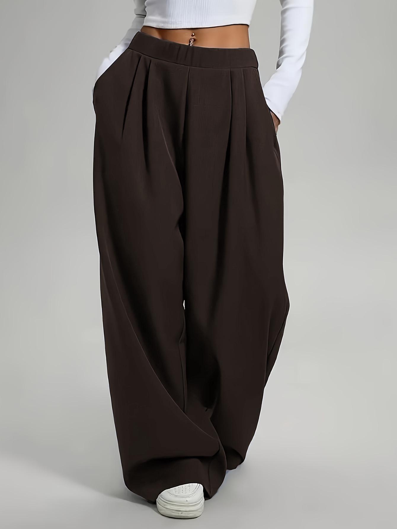 Women s Elastic Waist Pleated Wide-Leg Casual Pants - Loose, Drapey, Slimming, Floor-Length M коричневый