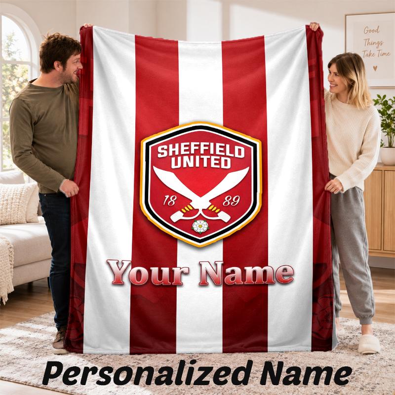 Sheffield United FC Personalized Flannel Blanket Custom Name Text Soft Throw Blanket Home Decor