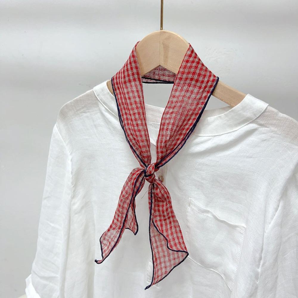 Summer Navy Blue Polka Dot Small Neck Tie Printing Linen Women's Long Scarf 10*103cm Striped Small Silk Scarf Neck Protection