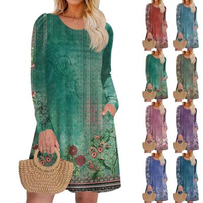 Women's Long Sleeve Dress Fall Casual T Shirt Loose Fit Pleated Front Dresses With Pockets