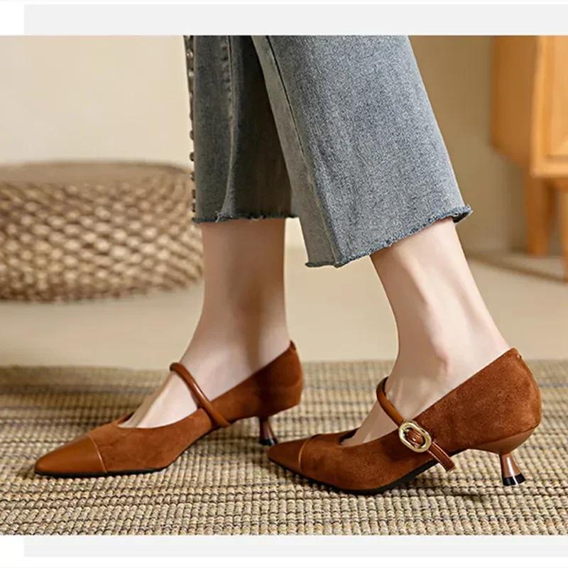 Fashion 2025 French Sexy Pointed Toe High Heels Women Brown Retro Suede Mary Jane Shoe Elegant Kitten Heel Shoes for Women Evening Heels
