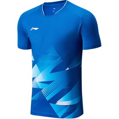 Li Ning Rund Hals Logotrykk Kortermet Badminton Skjorte Unisex topper Mineralblå AAYU233-4