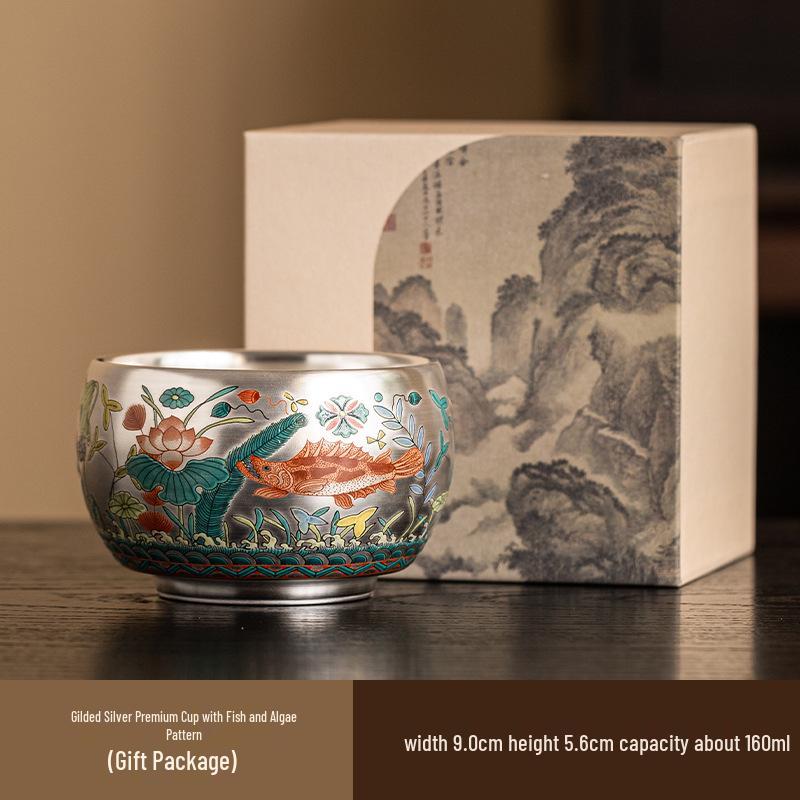 Luxury Year of the Dragon Silver Gilded Tea Cup, Large Capacity for Home or Office