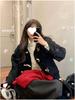 Women's Black Fleece-Lined Wool Coat with Horn Buttons - Korean Style, Petite, Mid-Length
