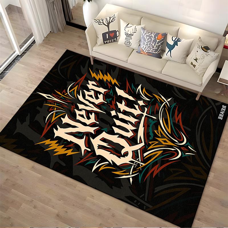 Motivational Rug with "Never Quit!" Text and Colorful Abstract Design Suitable for Use As an Anti-slip for Living Room Bedroom Sofas