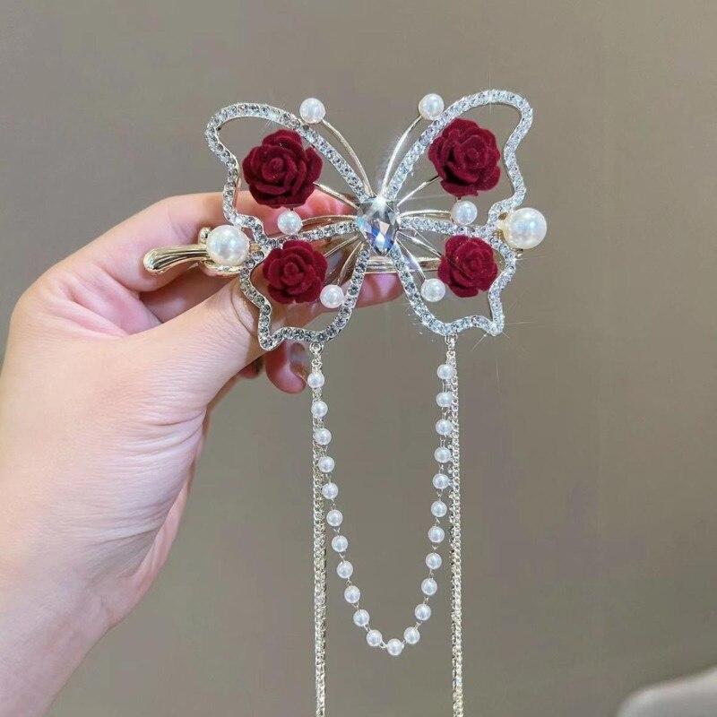 Rhinestone Butterfly Metal Hair Claw For Women Hairpins Vintage Crystal Pearl Pendant Hair Clips Female Hair Jewelry Accessories