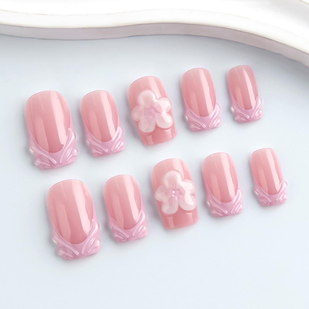 Cross-border Sweet Pink Floral 3D Glue Medium Square Nail Tips - 24 Detachable Pieces