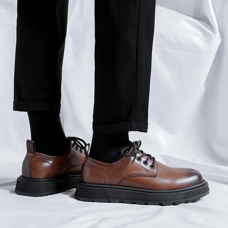 Fashion Black British Style Thick Bottom Round Toe Patent Leather Shoes Work Shoes Handmade Casual Formal Oxford Shoes Lace Up Men Shoes