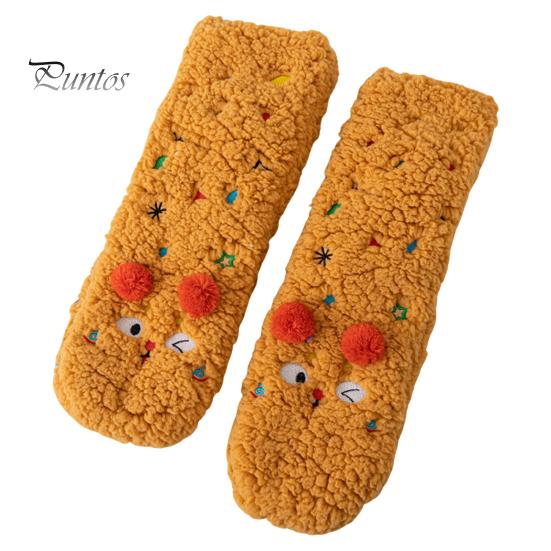 1 Pair Winter Floor Socks Cartoon Design Animal Embroidery Ultra Thick Fleece Keep Warm Mid-tube Non-slip Slipper Socks