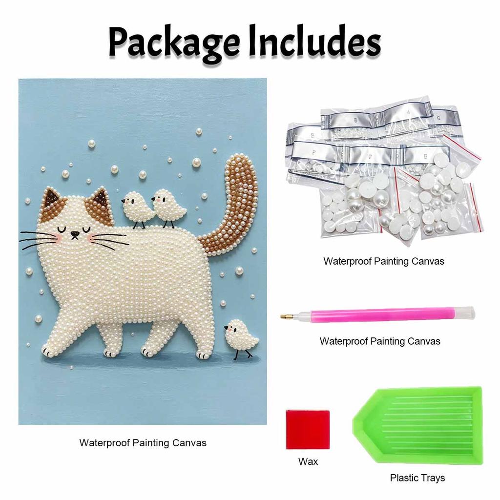 Easy DIY Framed Pearl Bead Painting Kit with Cute Cat and Little Birds 3D Sparkling Canvas Art for Home Decoration Gift Idea for Craft Fans