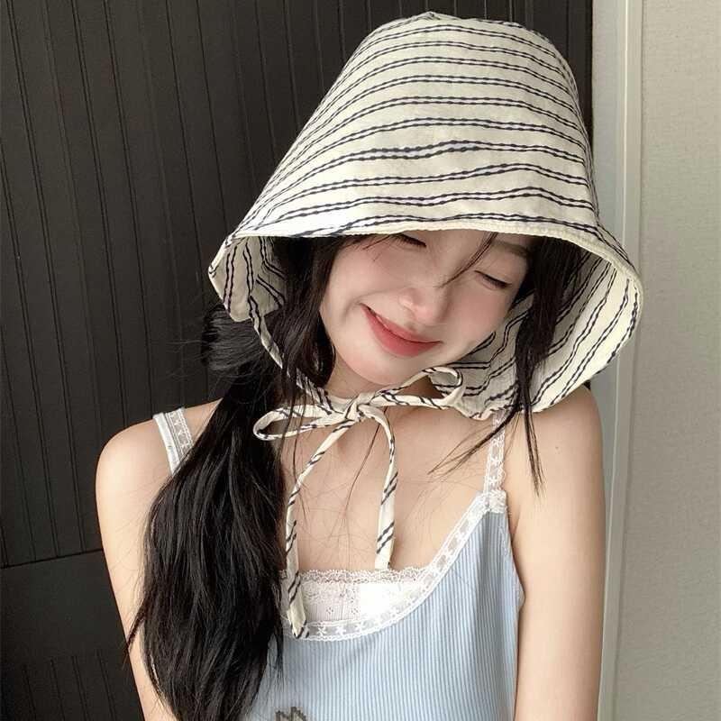 Summer Womens New French Style Wide Brim Bucket Hat With Elegant Stripes And Sun Protection