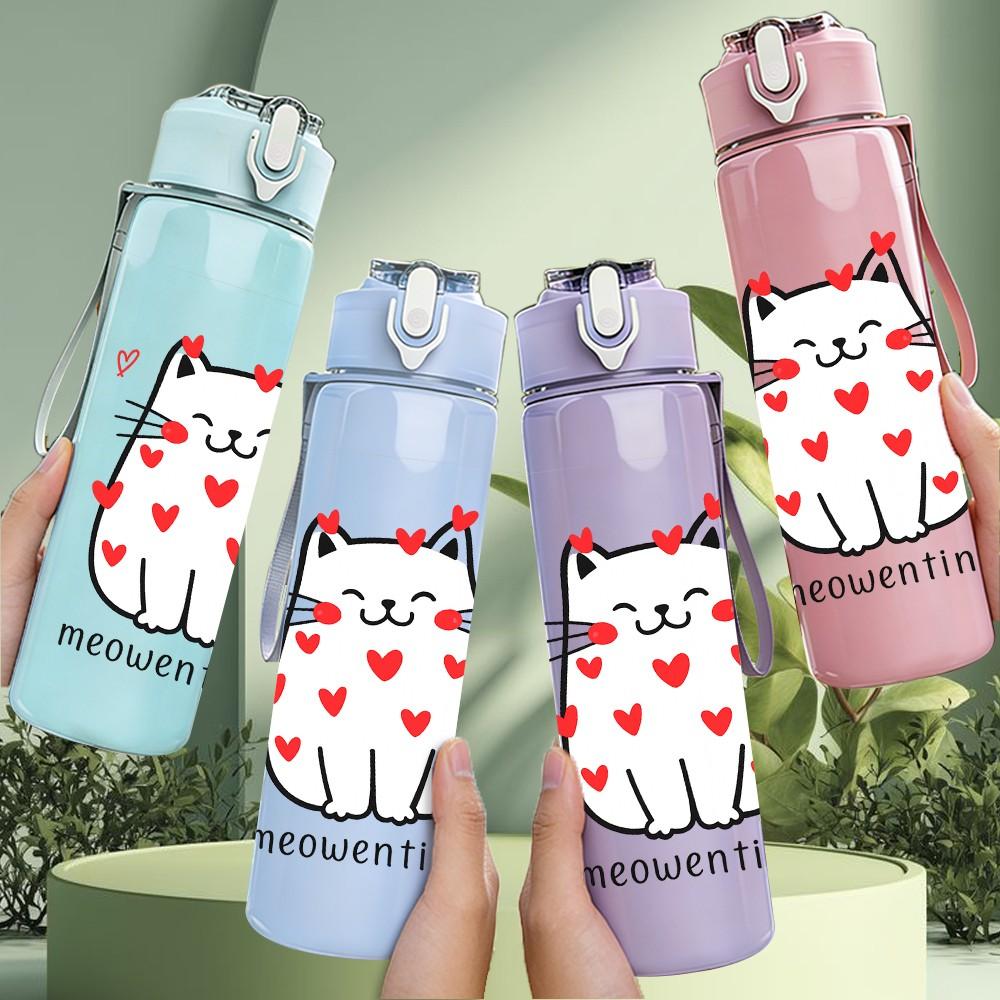 1PC Cat Full Of Red Hearts Print 750ml Color Plastic Sports Water Bottle Leakproof Flip Straw Lid Suitable for Sports Office Home Use