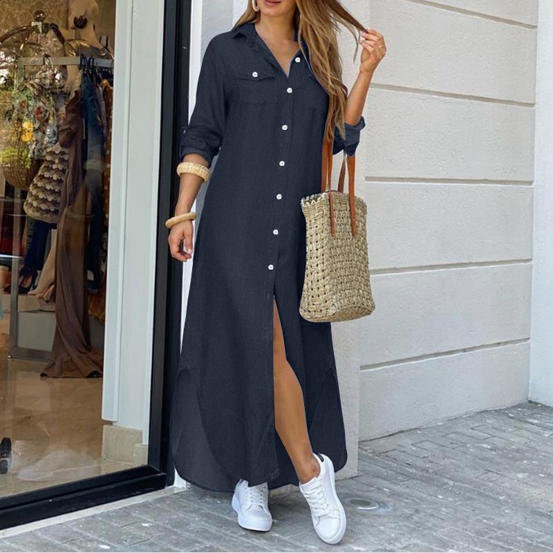 ZANZEA Women Casual Turn Down Collar Long Sleeve Vintage Long Shirt Dress