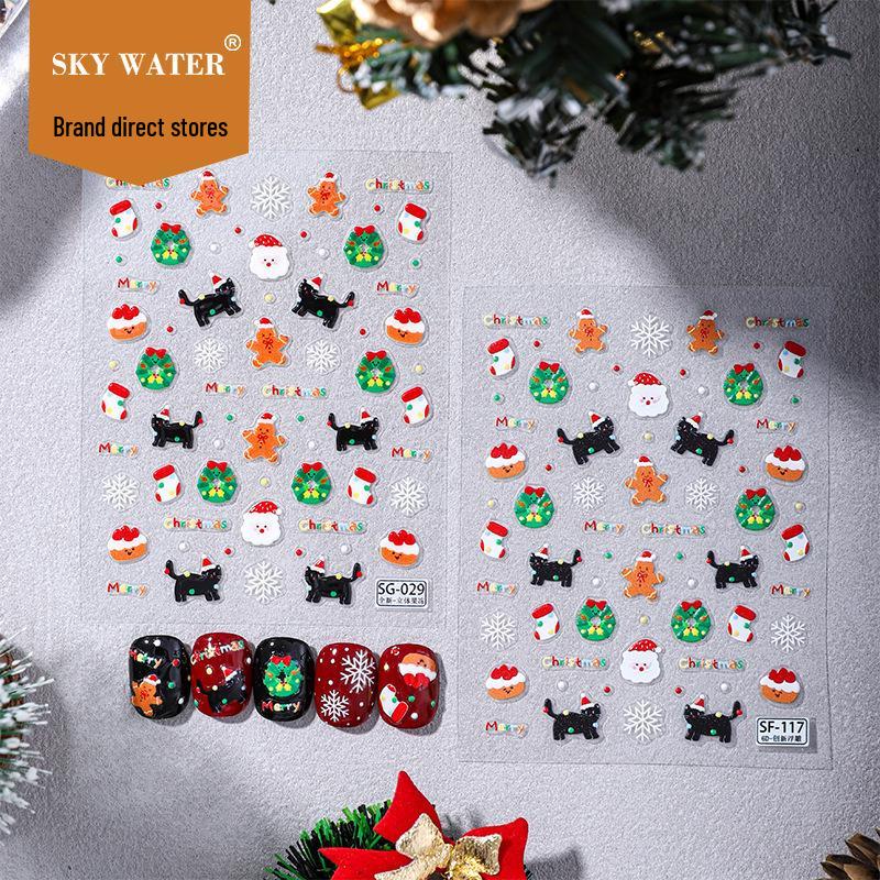 Christmas 3D Nail Art Stickers - Black Cat, Gingerbread Man, Snowflake Ornaments