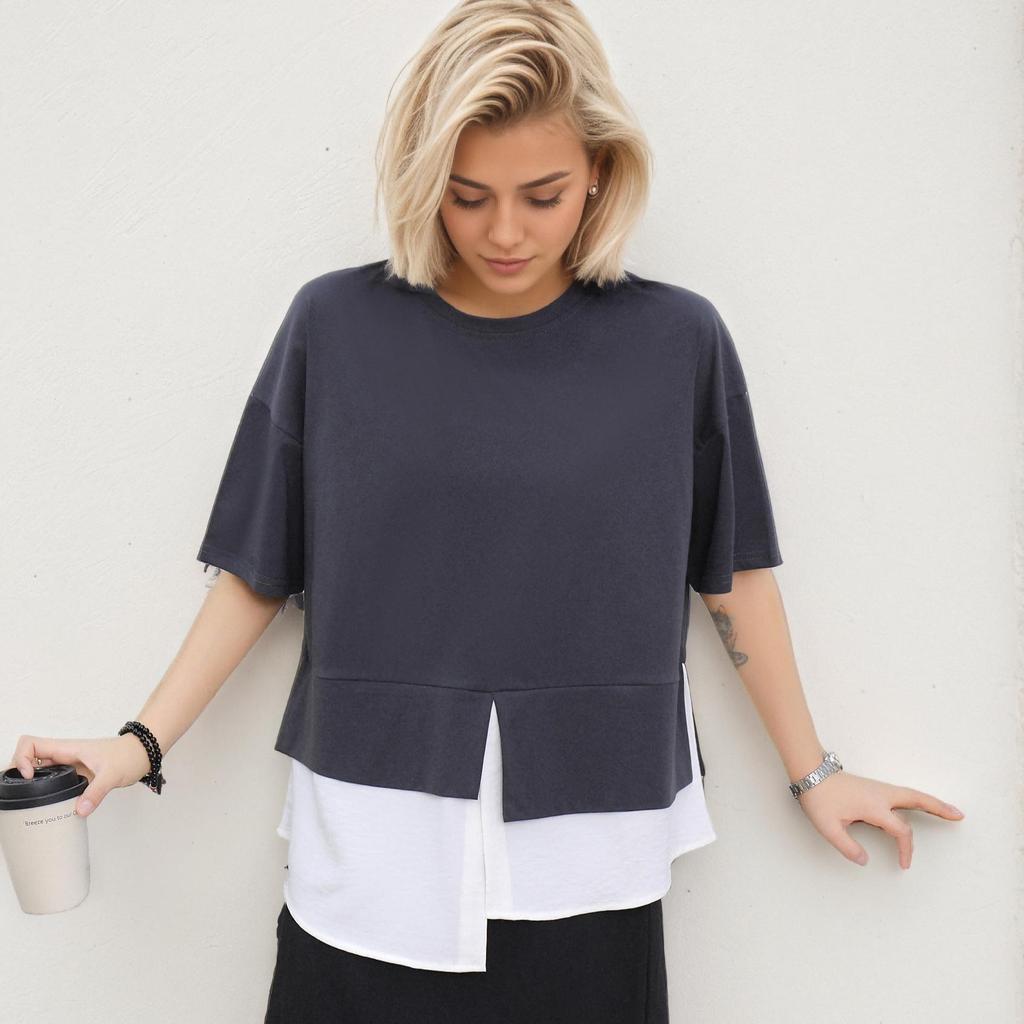 DIMANAF 2025 Übergröße Pullover Sommer T-Shirt Damen Asymmetrisch Uni Kurzarm Lockeres T-Shirt