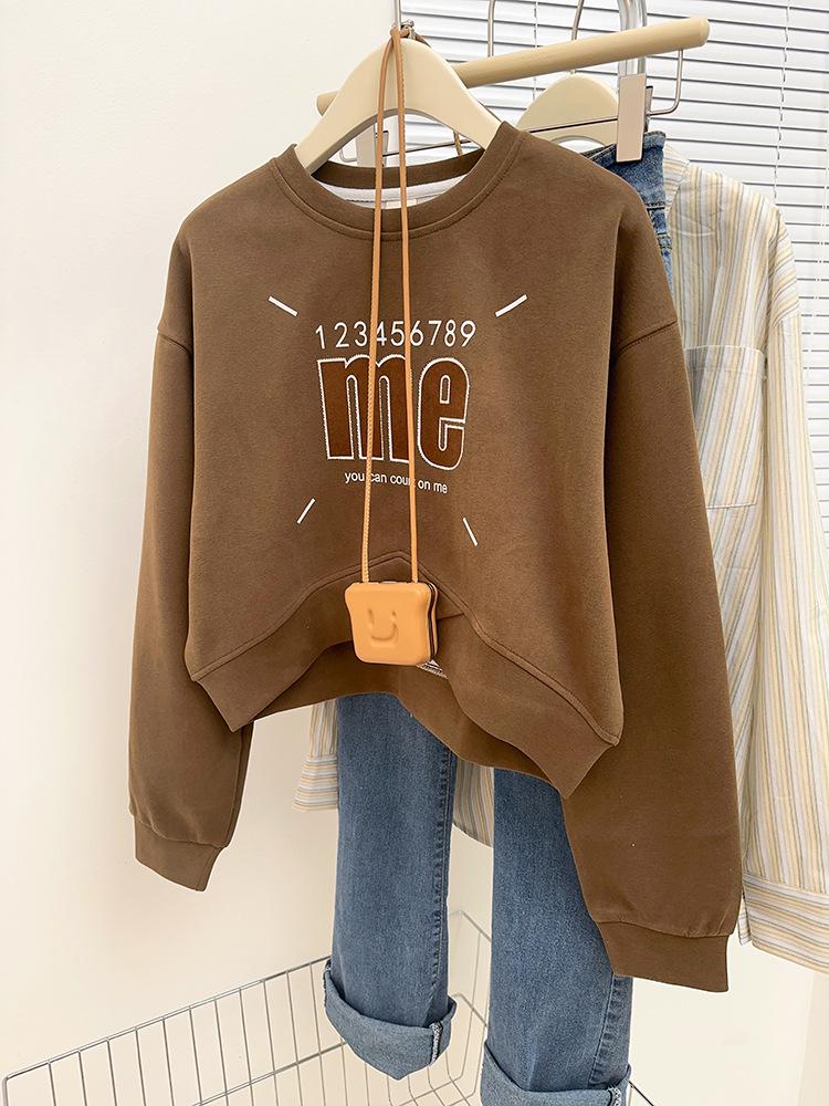 Large American Print Round Neck Pullover Sweater, Belly-Covering Casual Versatile Cross Long Sleeve Short Top