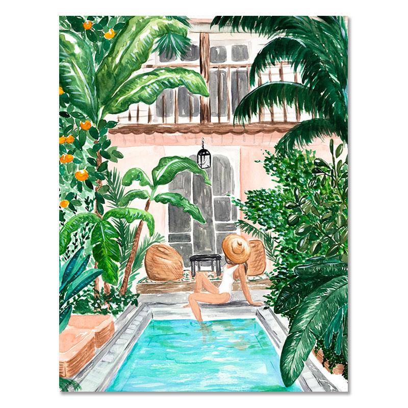 Beach Pool Moroccan Tropical Jungle Swing Meadow Wall Art Canvas Painting Posters and Prints Wall Pictures for Living Room Decor