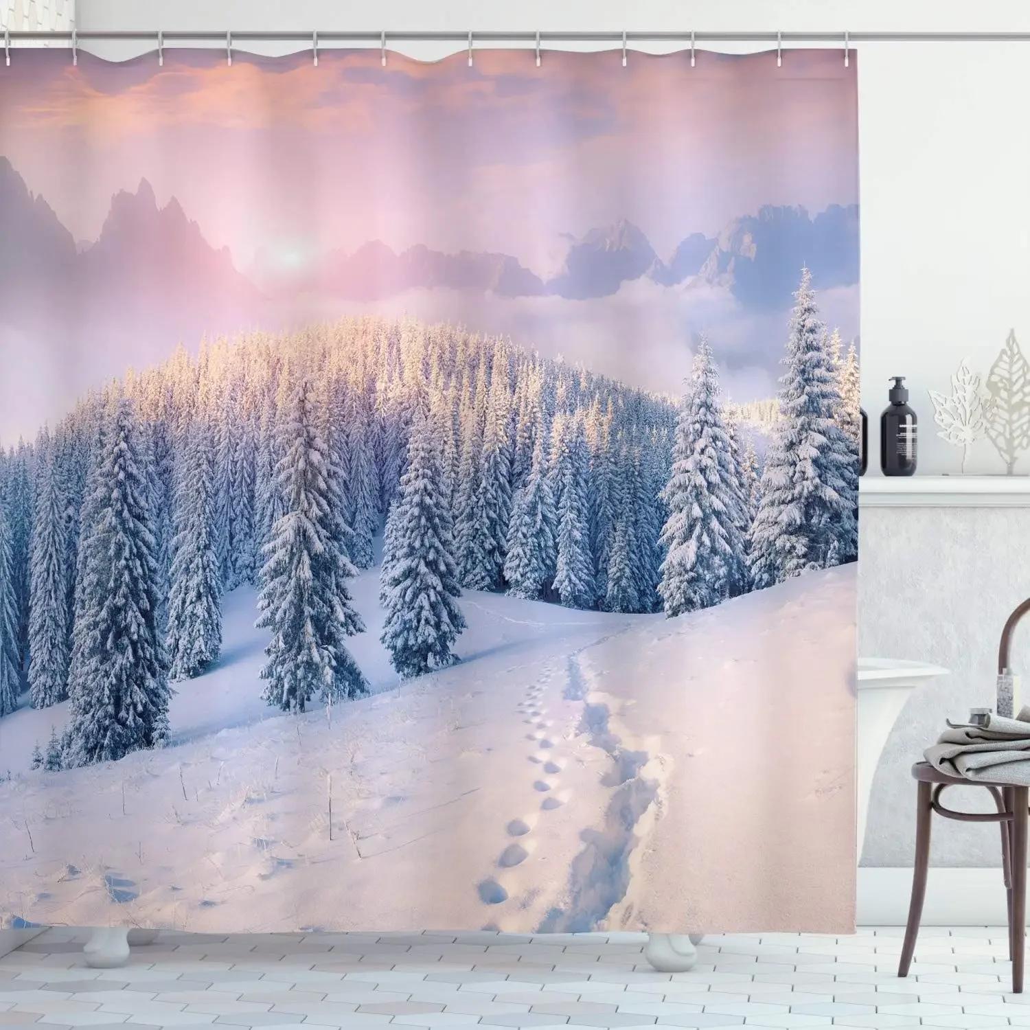 

Winter Forest Shower Curtains Snow-covered Pine Alpine Peaks Idyllic Early Morning Scenery Seasonal Christmas Elk Bathroom Decor 90x180cm-35x70in