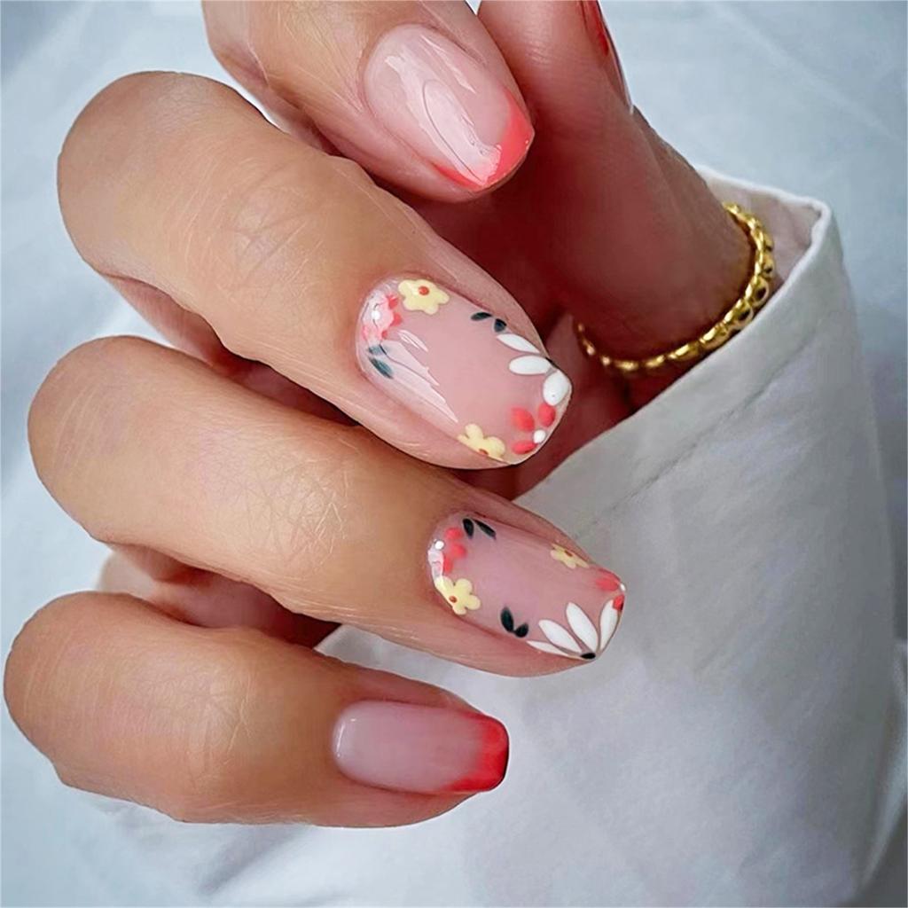 24PCS 3D Peach Flower French Style False Nails Fake Nails Manicure Nails Tips Removable Fake Nails Acrylic Press On Nails