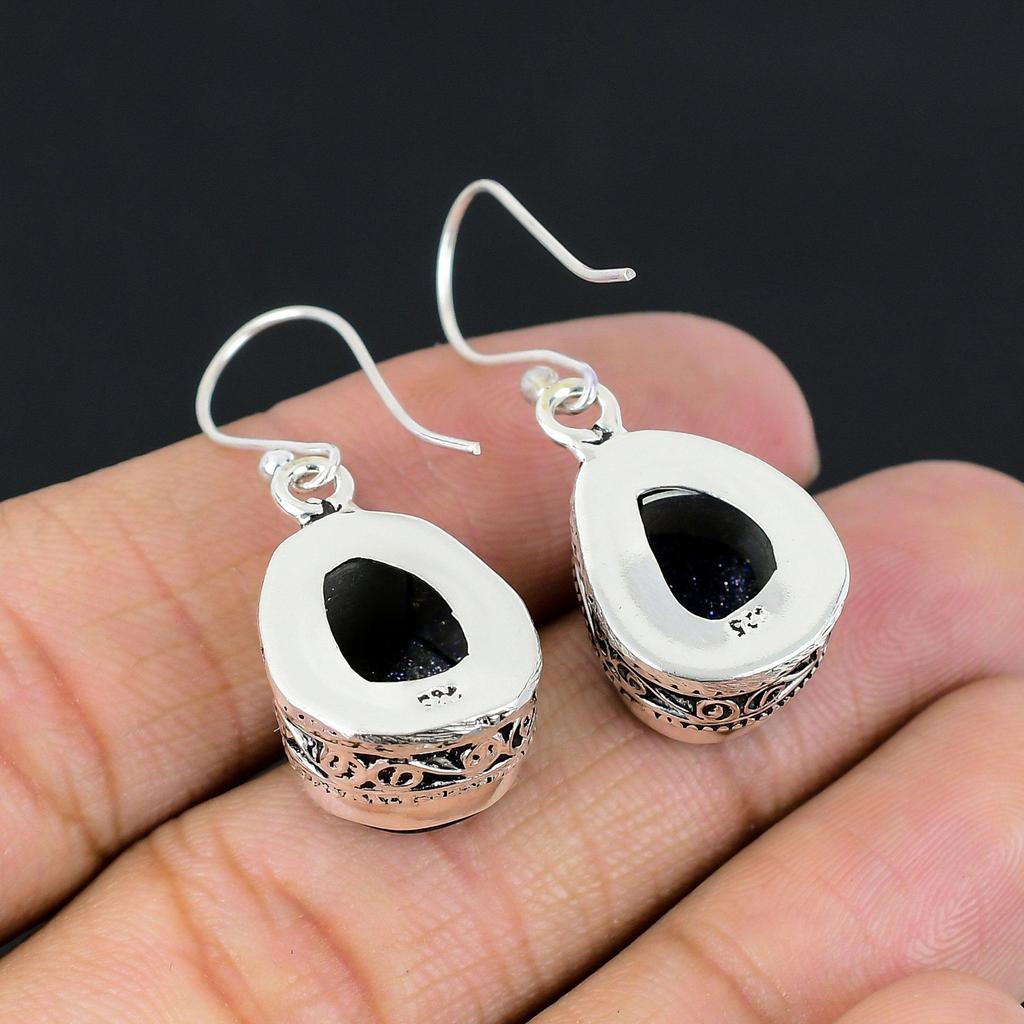 Halloween Sale 925 Sterling Silver Blue Sunstone Gemstone Dangle Drop Earrings