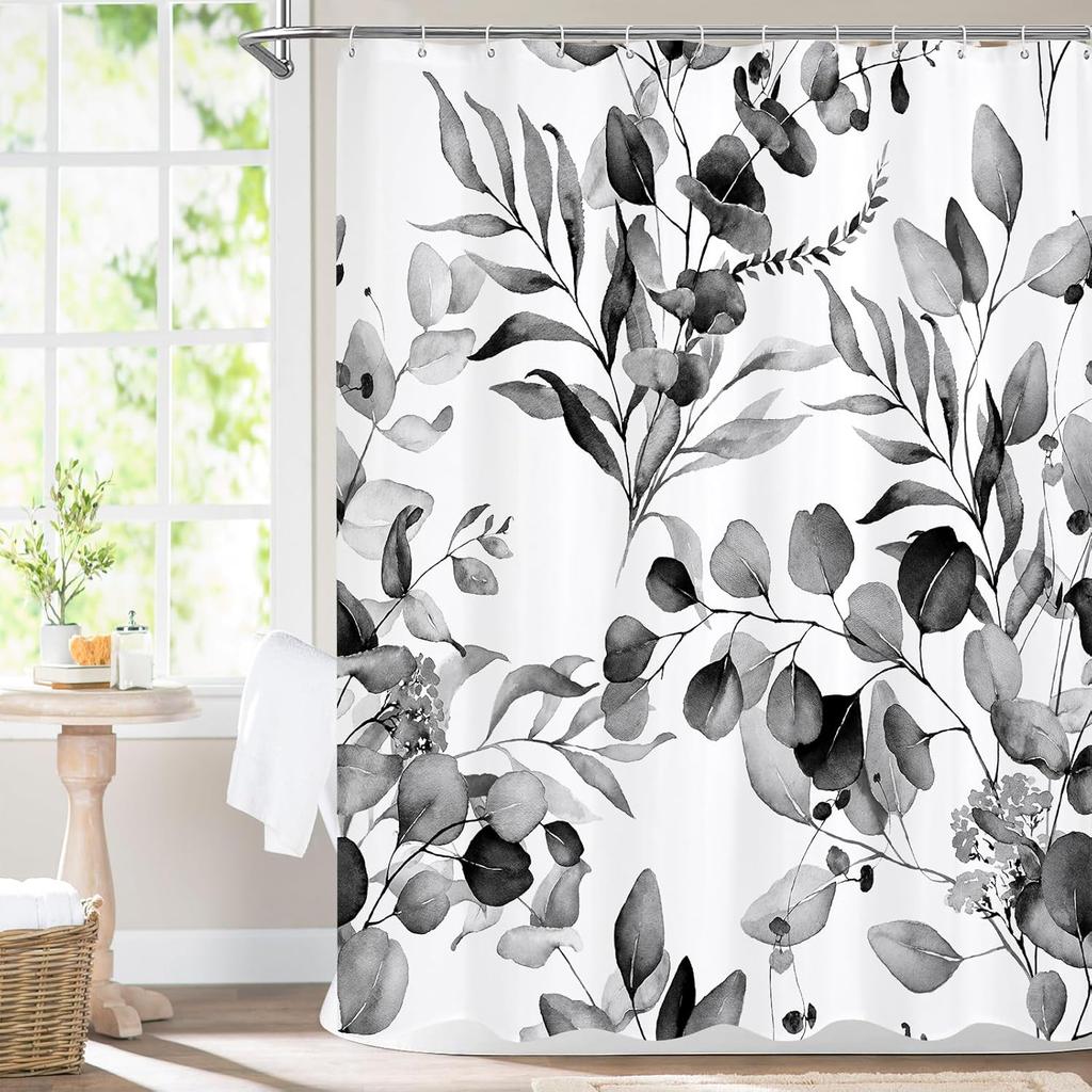 Pink Spring Floral Shower Curtain, Watercolor Eucalyptus & Botanical Plants, Modern Chic Bathroom Decor With Hooks