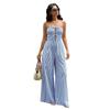 Women's Striped Strapless Sleeveless Tie Front Jumpsuit, Summer Striped Sets Women 2 PieceSuitable for a Beach Vacation