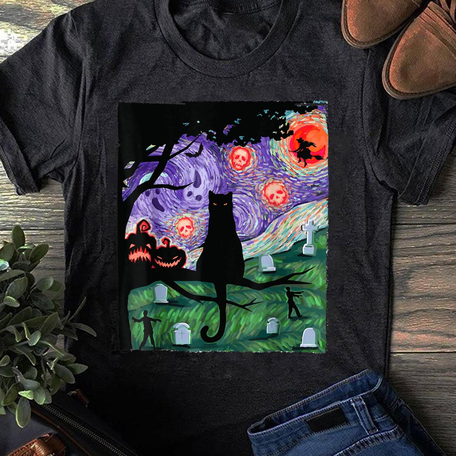 Halloween Cat T-Shirt: Scary Night Pumpkin Art, Cat Lover Gift S