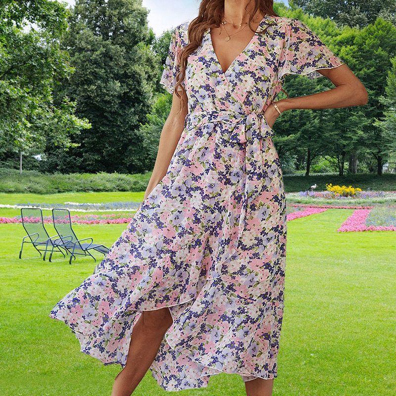

Amazon Foreign Trade European and American Cross-Border 2024 Summer Fashion British Style Women s V-Neck Short-Sleeved Dress for Women Apricot L