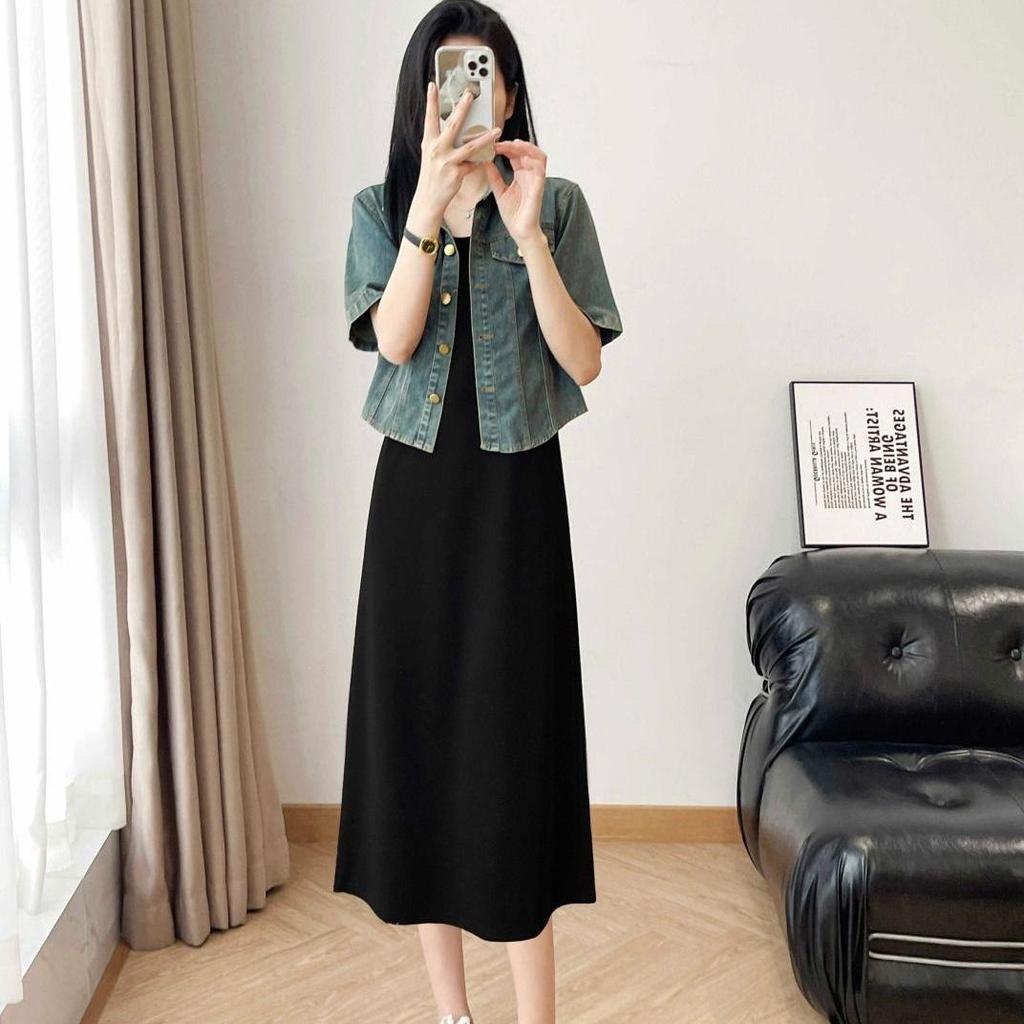 Women's Retro Denim Jacket & Long Sleeveless Vest Dress Set - Summer Slimming Tummy Cover