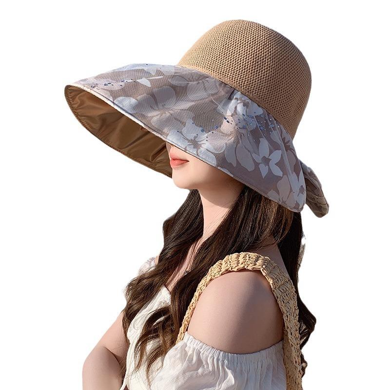 Ladies sun hat color glue printing mesh sequin knitted sun hat sun protection breathable big edge bucket hat